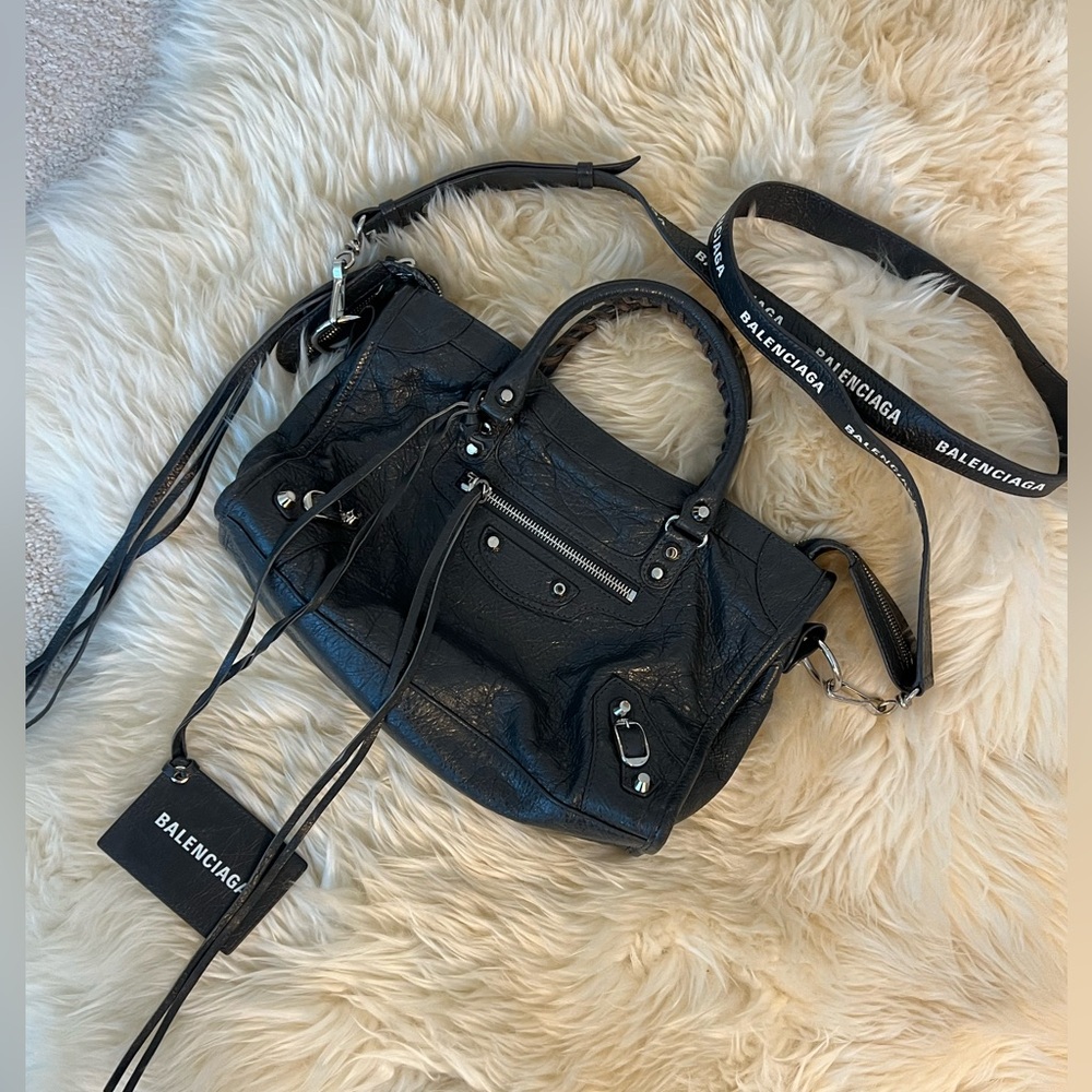 BALENCIAGA
Le City small dark gray embellished textured-leather tote